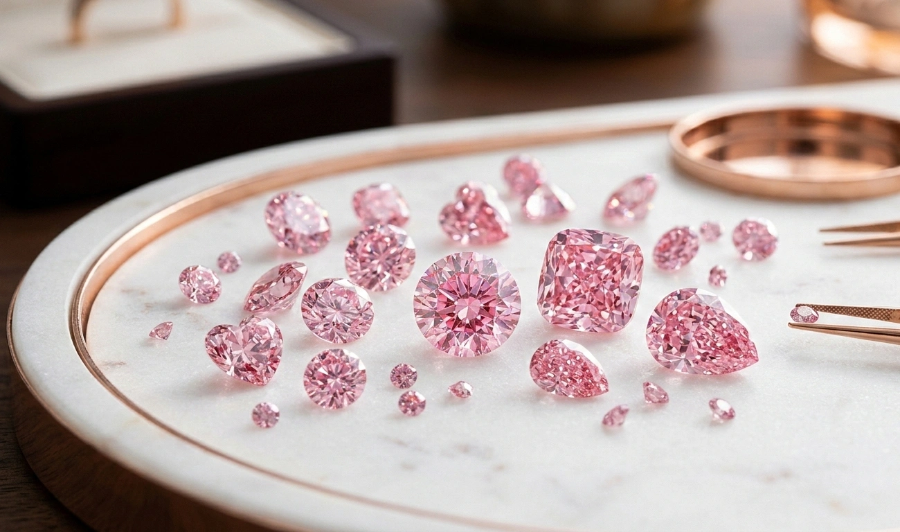 Rare pink diamonds on a table