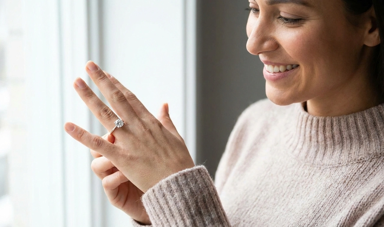 Woman smiling at her diamond ring