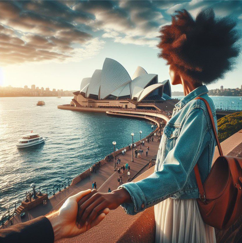 People holding hands at the Sydney Opera House